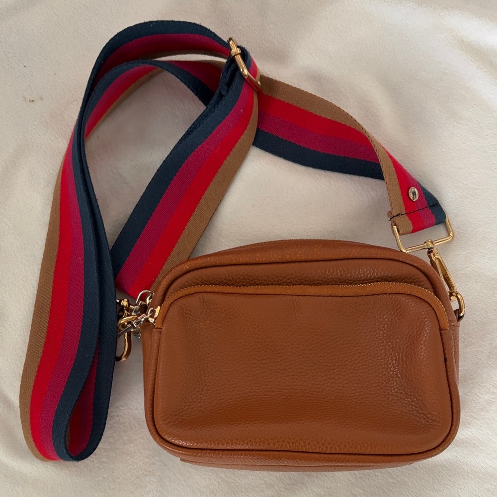 Leather Crossbody Bag with Stripe Webbing Strap - Brown